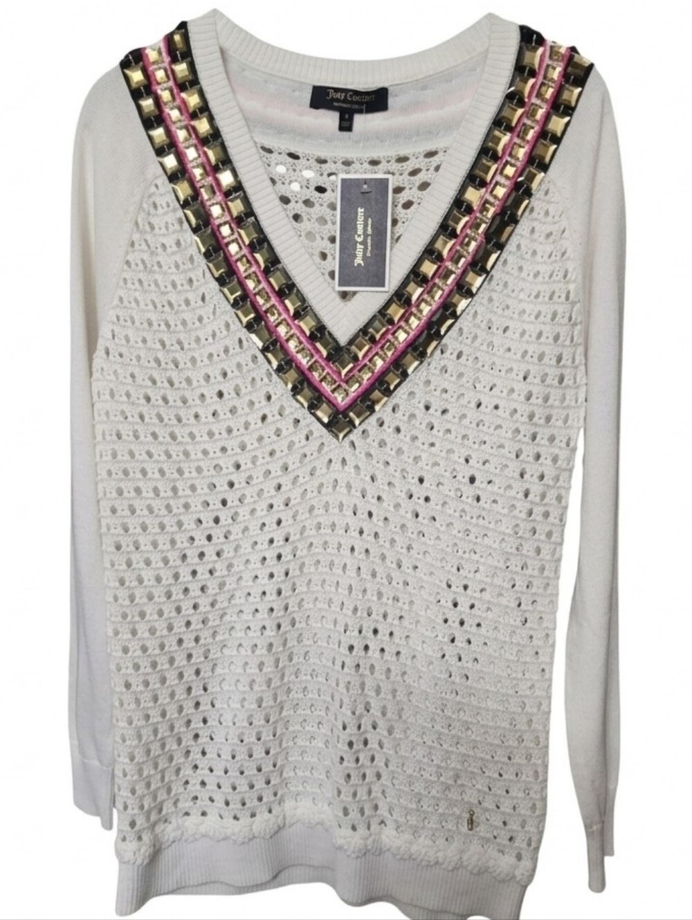 JUICY COUTURE White Crochet Knit Varsity Tennis Cricket Sweater Rhinestone S